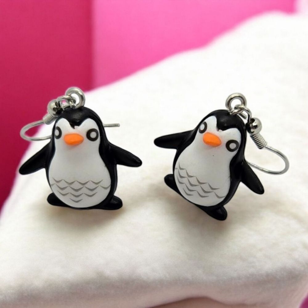 Baby Penguin Earrings Pierced Ear Dangle Hook 3D Women's Jewelry Happy Feet Fun